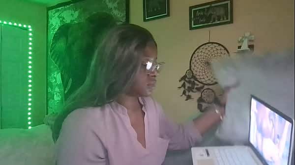 Naejae rubs her twat while watching lesbian porn
