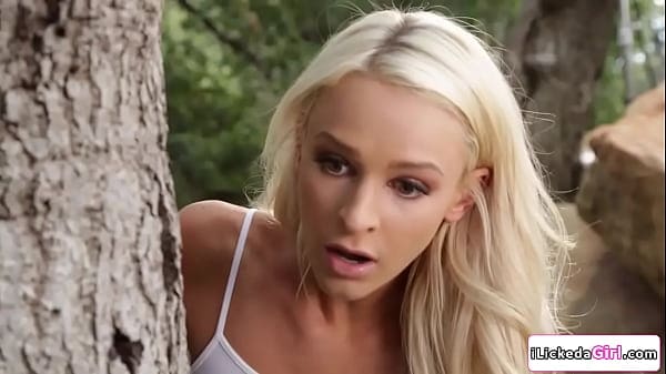 Blonde teen watching lesbian neighbor masturbating outdoors